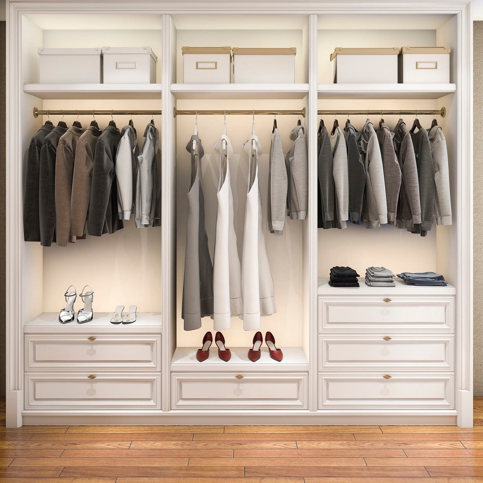 A meticulously organized closet filled with a wide selection of clothes and shoes.