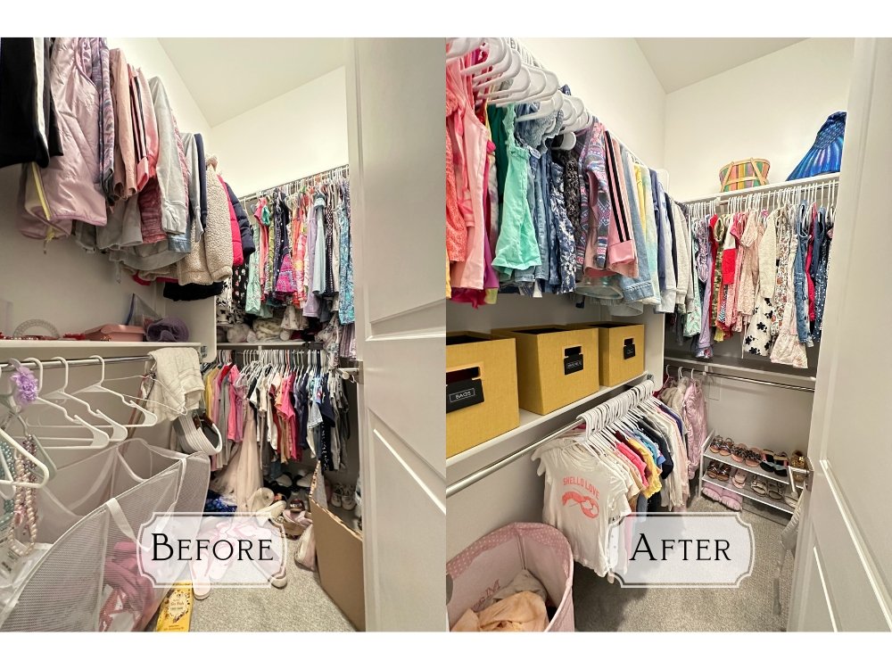 Before and after photos of a child's kid closet.