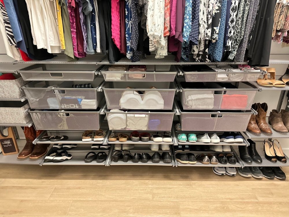 Melinda's custom designed closet is filled with an extensive collection of clothes and shoes.