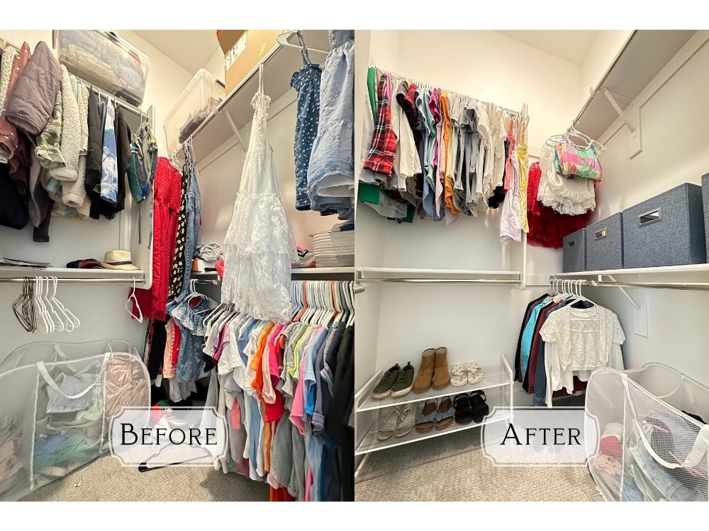 A kid's closet with two shelves of clothes.