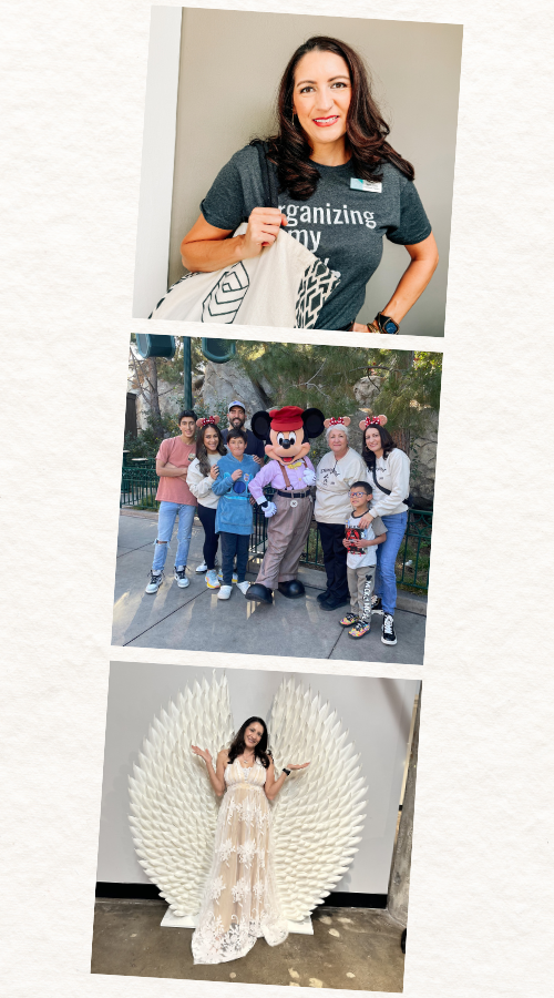 Photos of Sarah Nieto holding an organizer bag, at Disney, and with angel wings