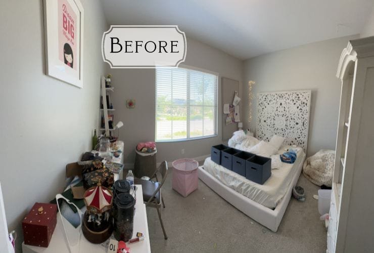 A 360 degree view of a bedroom before and after, featuring organized closets by a professional organizer.