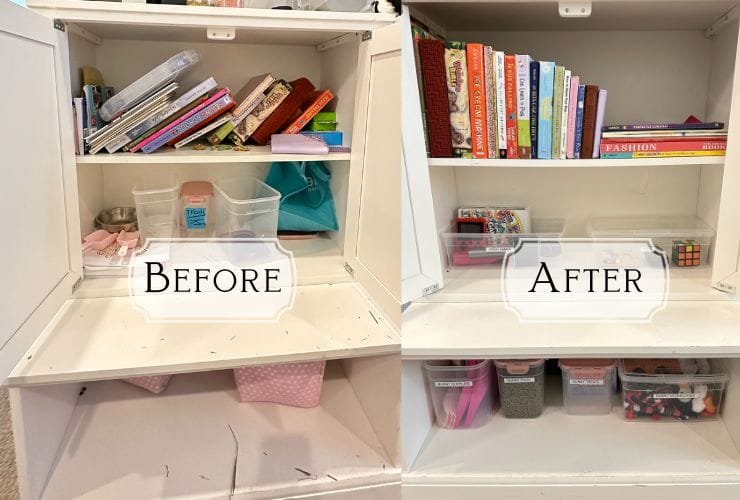 Before and after photos of a white bookcase organized by a professional organizer.