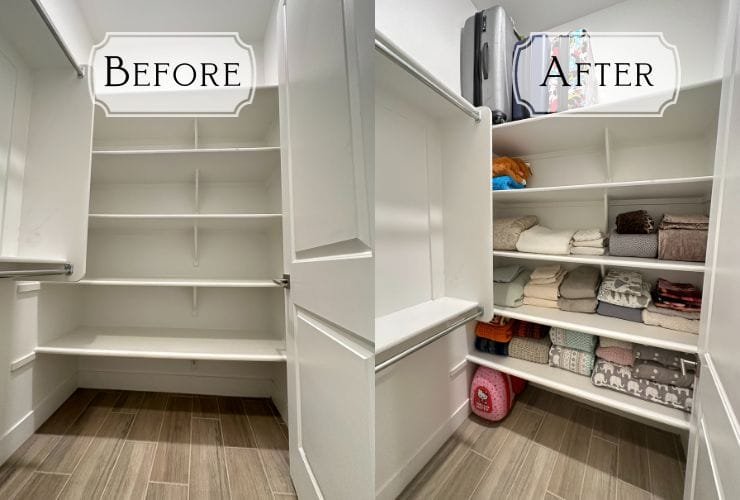 A professional organizer's before and after photo of a closet.