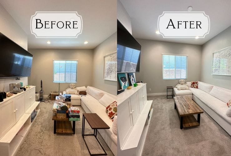         Two pictures of a living room before and after showcasing the expertise of a professional organizer.