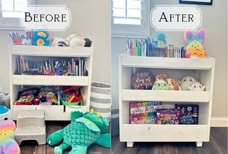 Two pictures of a toy shelf before and after being organized by a professional organizer.