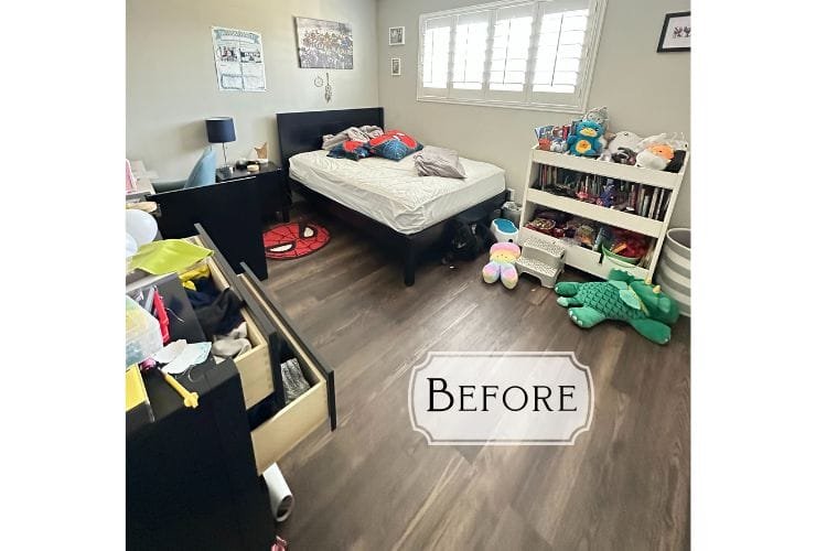 A professional organizer's before and after photo of a bedroom with organized closets.