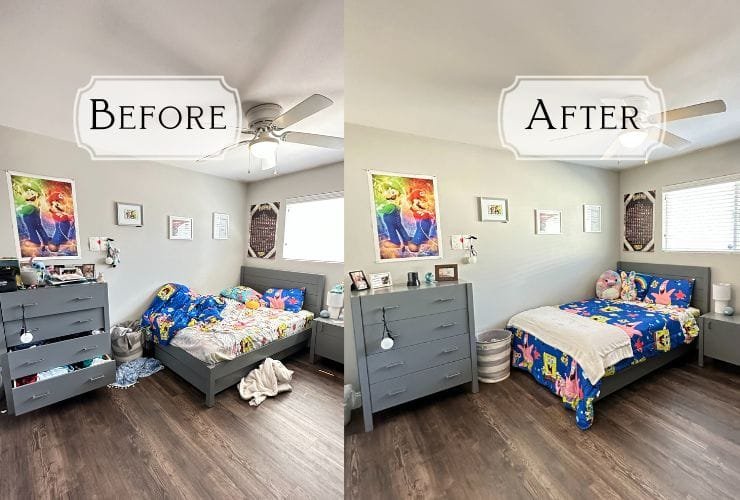 A before and after photo of a bedroom transformed by a professional organizer.