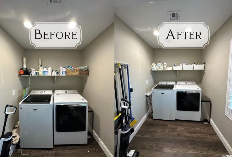 Two pictures of a laundry room before and after, showcasing the transformative impact of hiring a professional organizer.