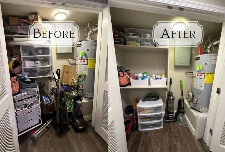 Two pictures showcasing the expertise of a professional organizer in transforming cluttered closets.