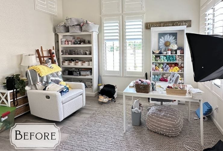 A professional organizer transforms a cluttered photo studio into an organized space.