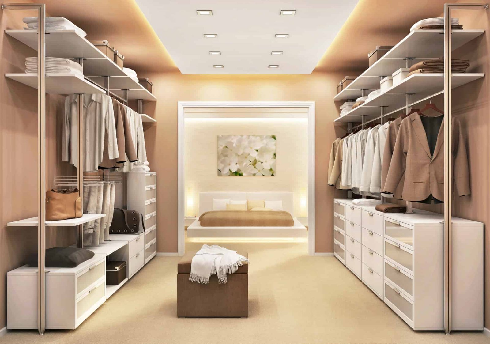 A professionally organized walk-in closet with an impressive collection of clothes.