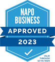 A professional organizer's blue badge with the words napo business approved 2023, specializing in closets.